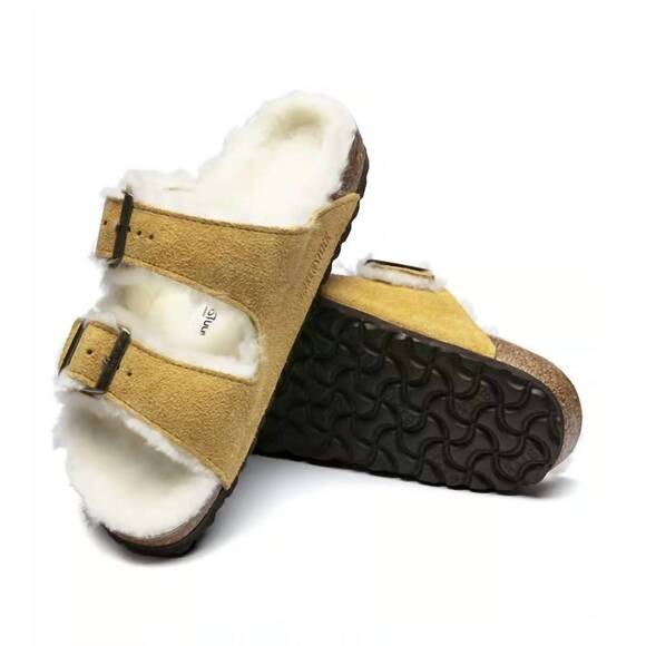 NEW BIRKENSTOCK women's arizona shearling sandal in ochre/beige - Picture 5 of 6